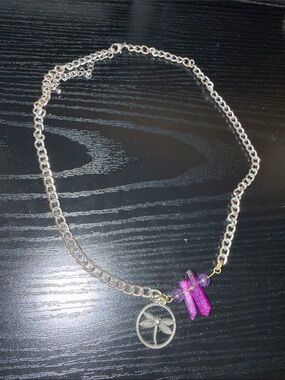 Silver Chain Necklace with Purple Crystal Dragonfly Pendant
